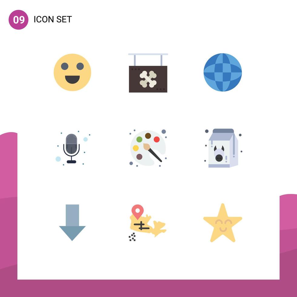 conjunto de cores planas de interface móvel de 9 pictogramas de desenho de volta ao mundo escolar microfone de voz editável elementos de design vetorial vetor