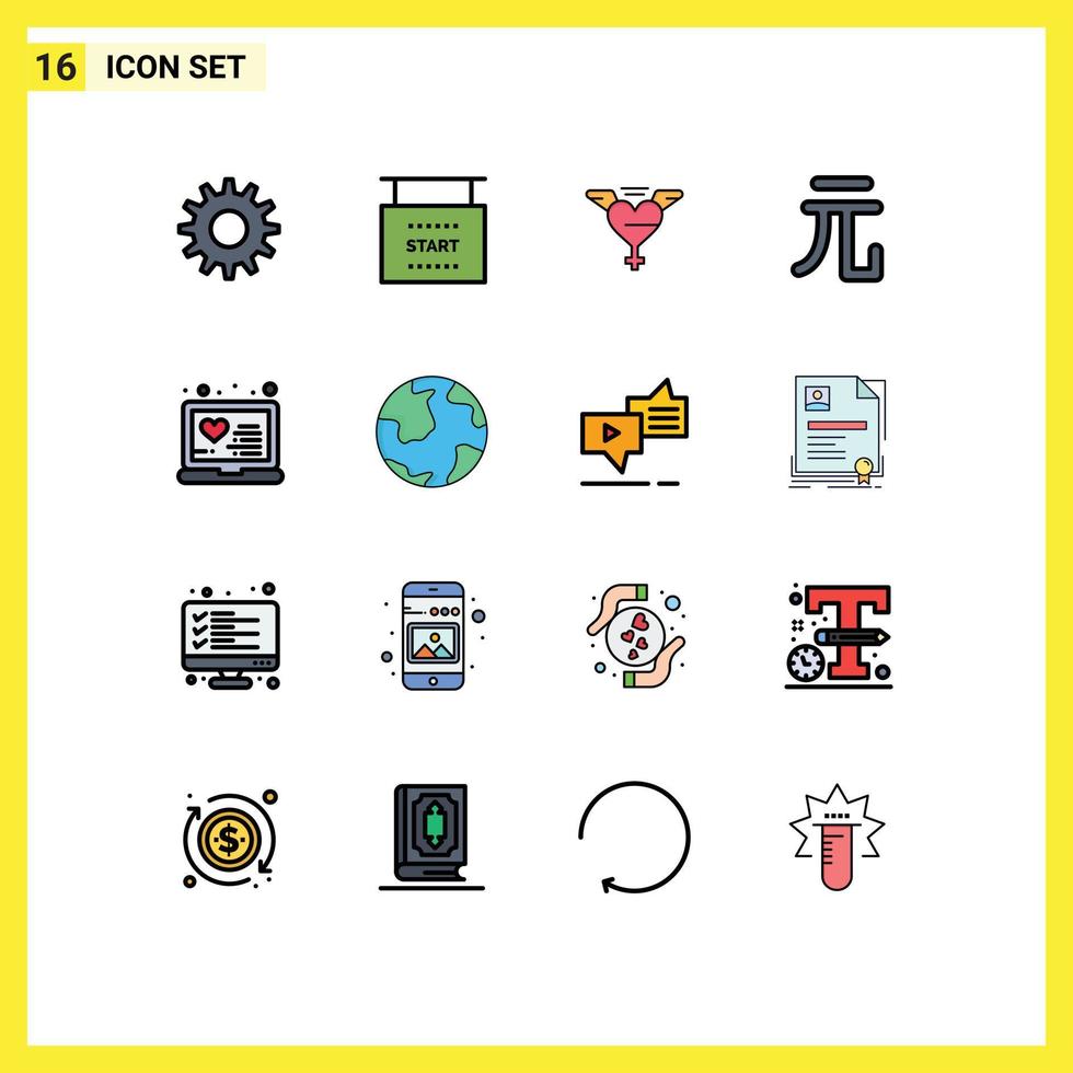 16 interface do usuário pacote de linha cheia de cores planas de sinais e símbolos modernos de asas on-line da terra elementos de design de vetores criativos editáveis de yuan médico