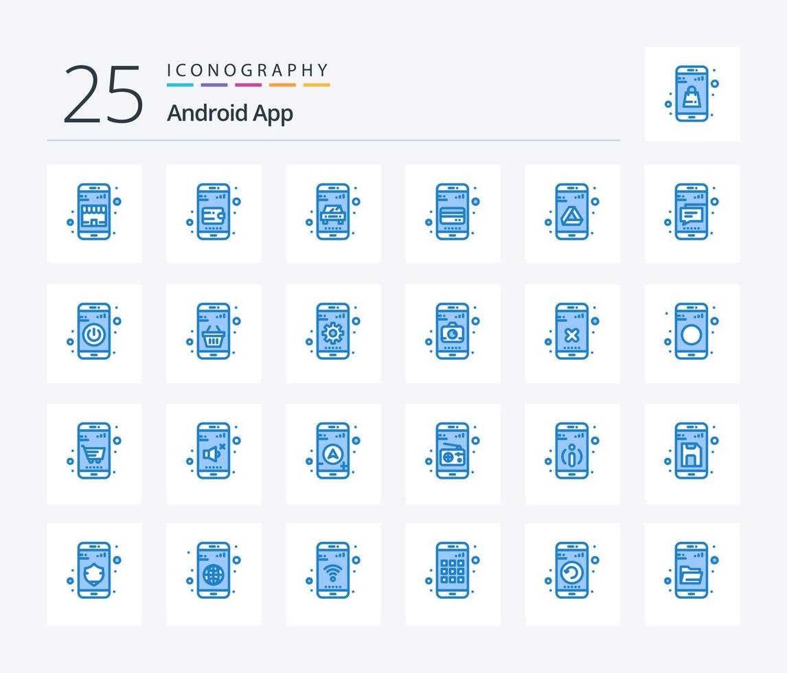 Android app 25 pacote de ícones de cor azul, incluindo google. aplicativo. on-line. telefone. cartão vetor