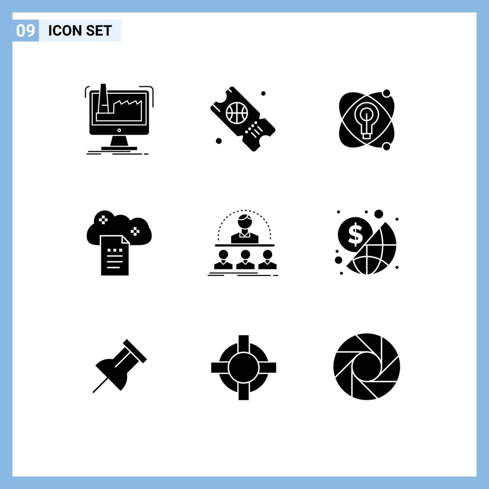 conjunto de glifos sólidos de interface móvel de 9 pictogramas de documentos on-line de negócios, armazenamento de arquivos atômicos, relatórios em nuvem, elementos de design vetorial editáveis vetor