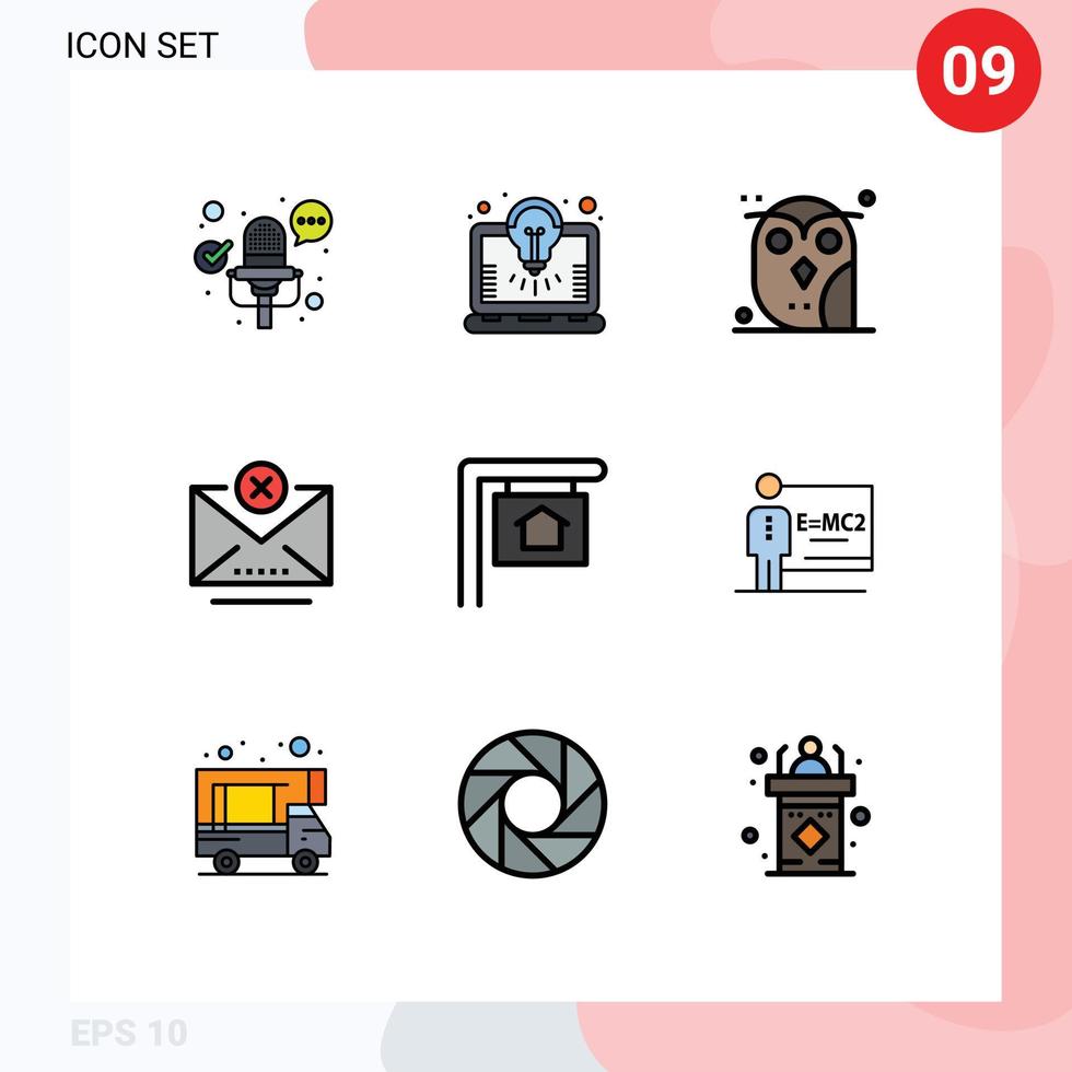 grupo de símbolos de ícone universal de 9 cores planas de linhas preenchidas modernas de pássaro de e-mail de casa bloco fechado elementos de design de vetores editáveis