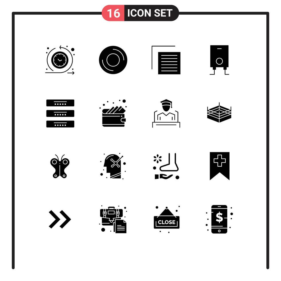 grupo de símbolos de ícone universal de 16 glifos sólidos modernos de interface de aquecedor de hardware de água de armário elementos de design de vetores editáveis
