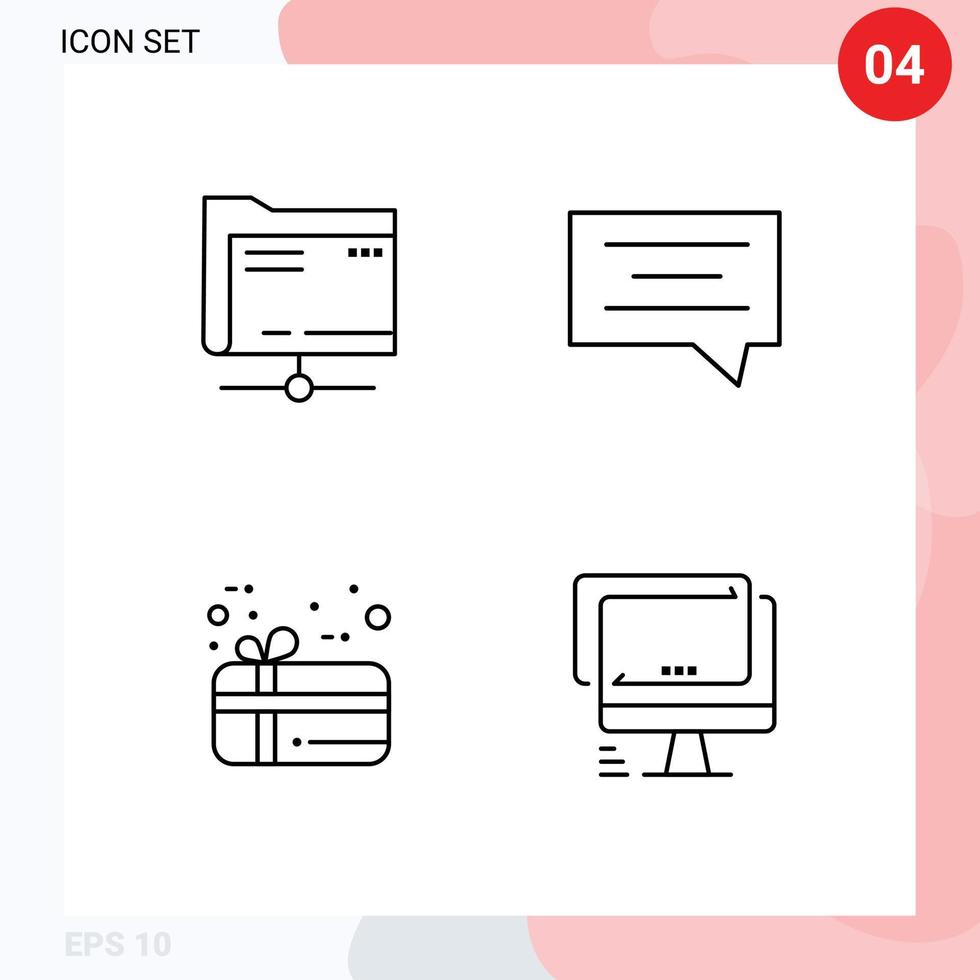 Pacote de 4 linhas de interface de usuário de sinais e símbolos modernos de pasta presente, monitor de mensagem de armazenamento, elementos de design de vetores editáveis