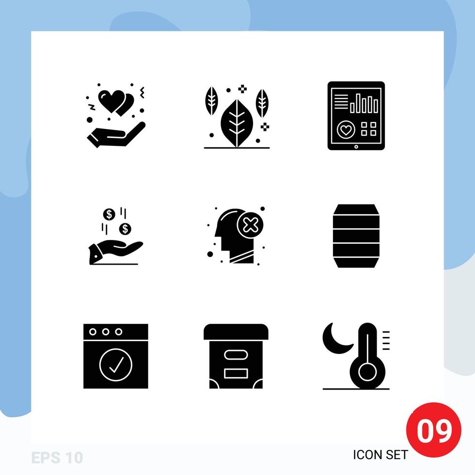 conjunto de glifos sólidos de interface móvel de 9 pictogramas de cérebro moeda saúde dinheiro mão editável elementos de design vetorial vetor