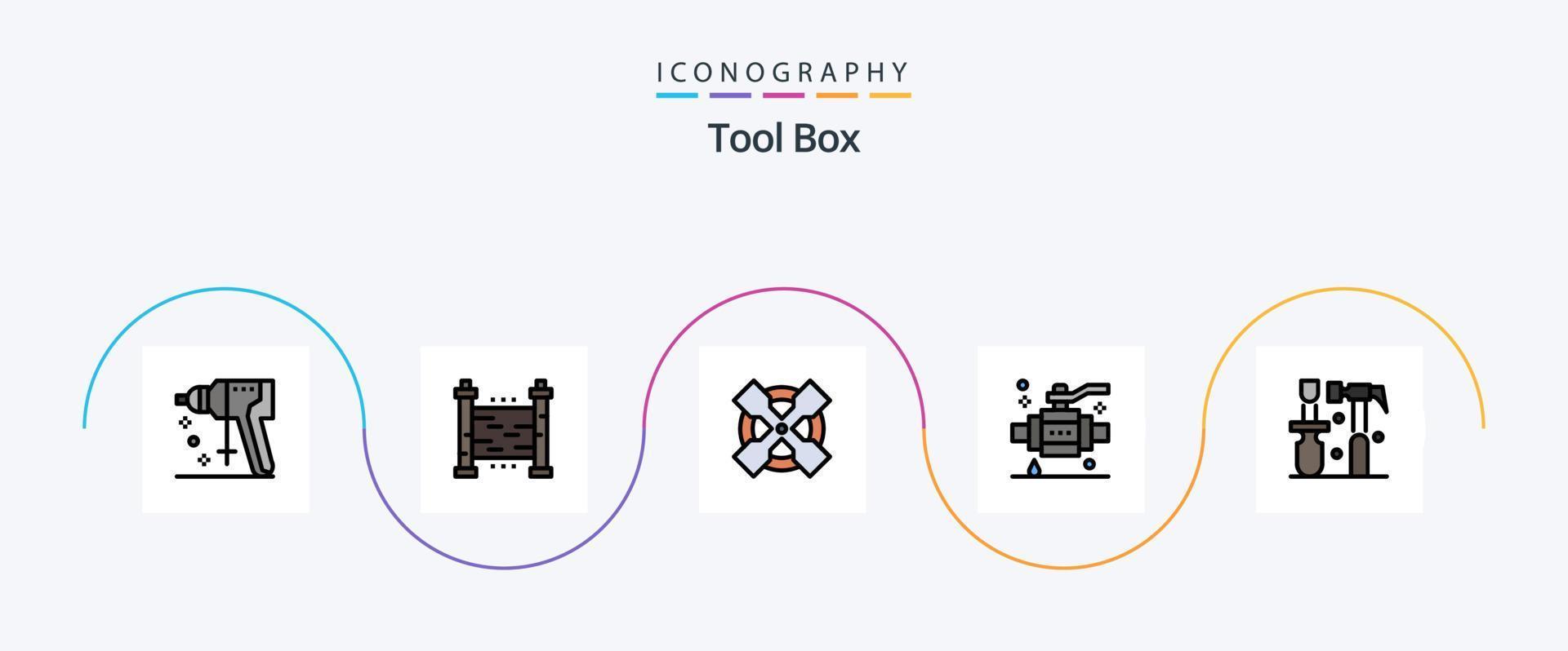 linha de ferramentas cheia de pacote de ícones plana 5 incluindo chave de fenda. construção. Ferramentas. válvula. construção vetor