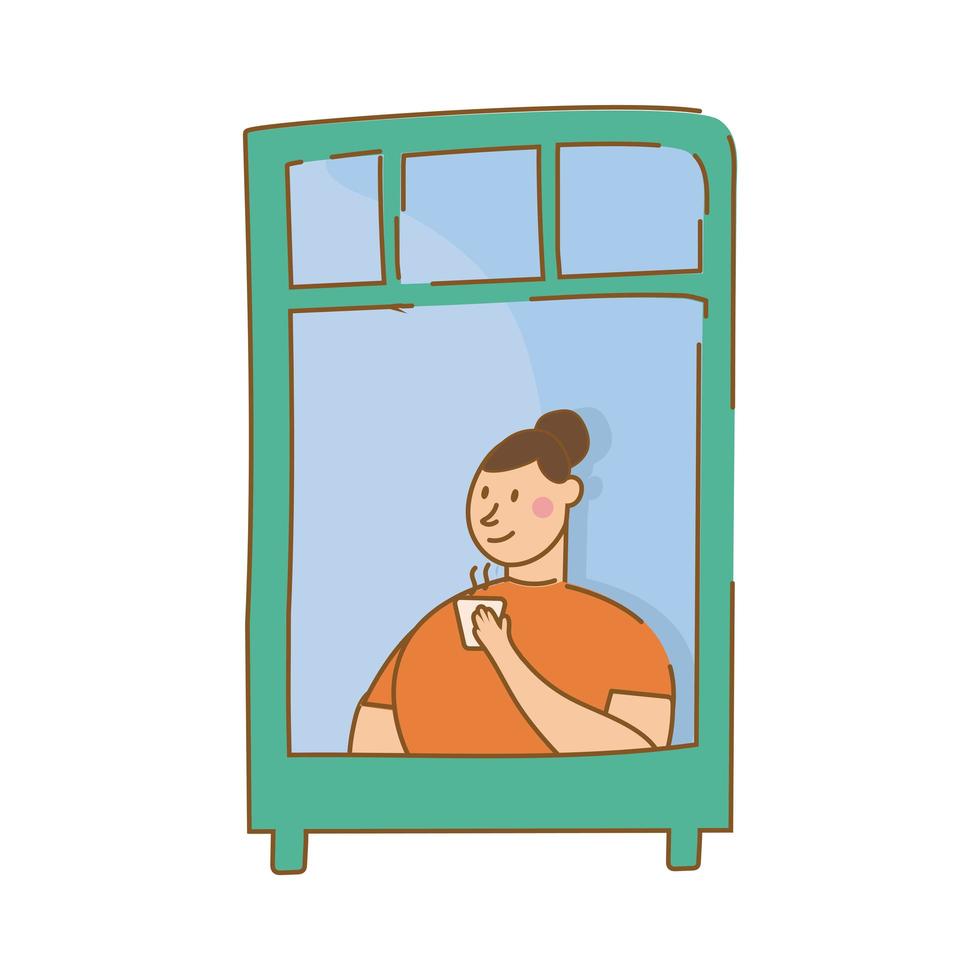 mulher tomando café na janela do apartamento para estilo de forma livre de quarentena vetor