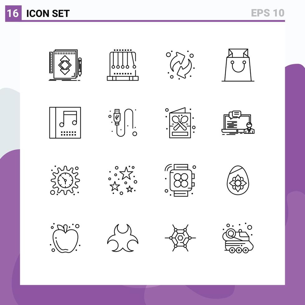 16 ícones criativos sinais modernos e símbolos de elementos de design de vetores editáveis de saco de compras de balanço de álbum de música