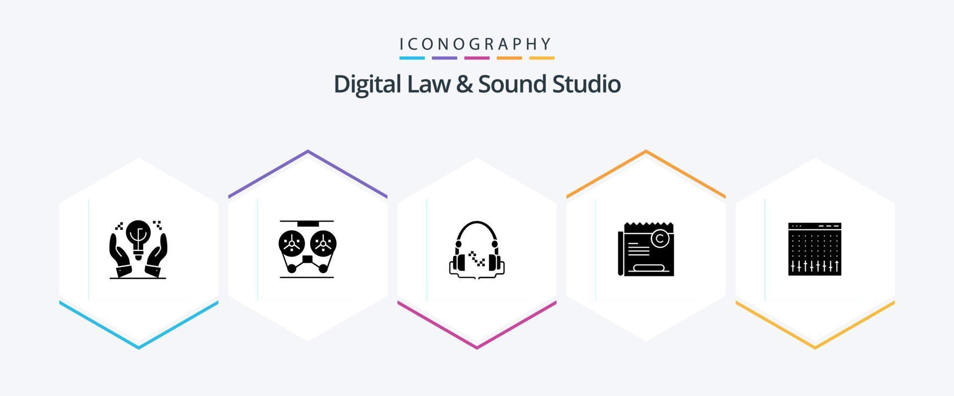 pacote de ícones de 25 glifos de estúdio de som e direito digital, incluindo arquivo. restrição. carretel. direito autoral. viva-voz vetor
