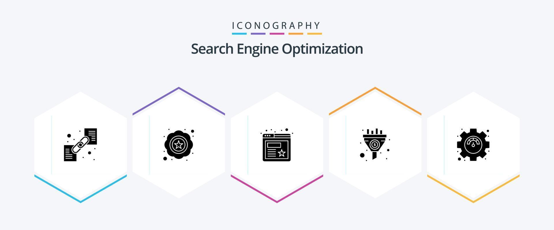 pacote de ícones seo 25 glifos, incluindo configurações. produtividade. marca páginas. dinheiro. funil vetor