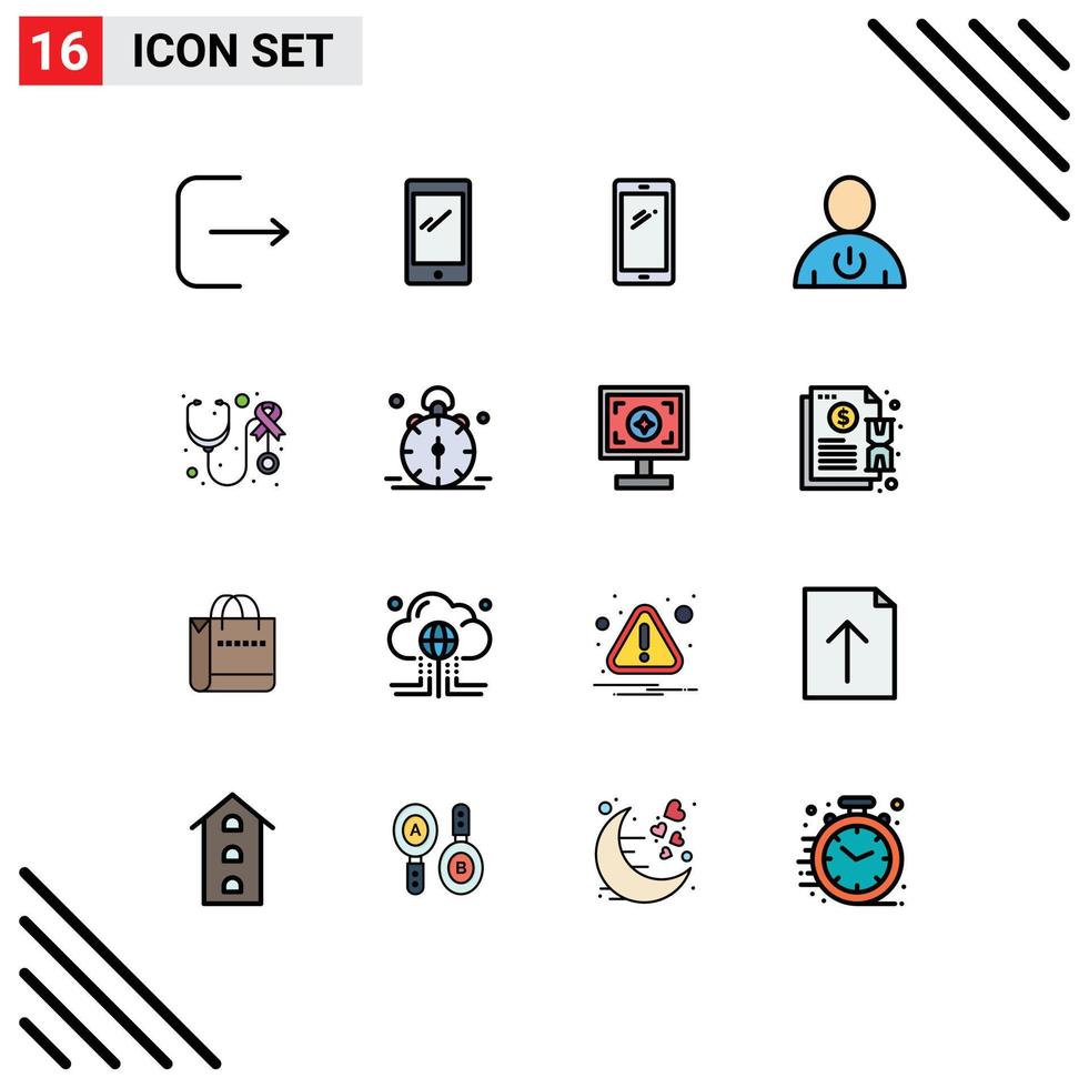 pacote de interface do usuário de 16 linhas básicas cheias de cores planas de consciência de alarme avatar estetoscópio standby editável elementos de design de vetor criativo