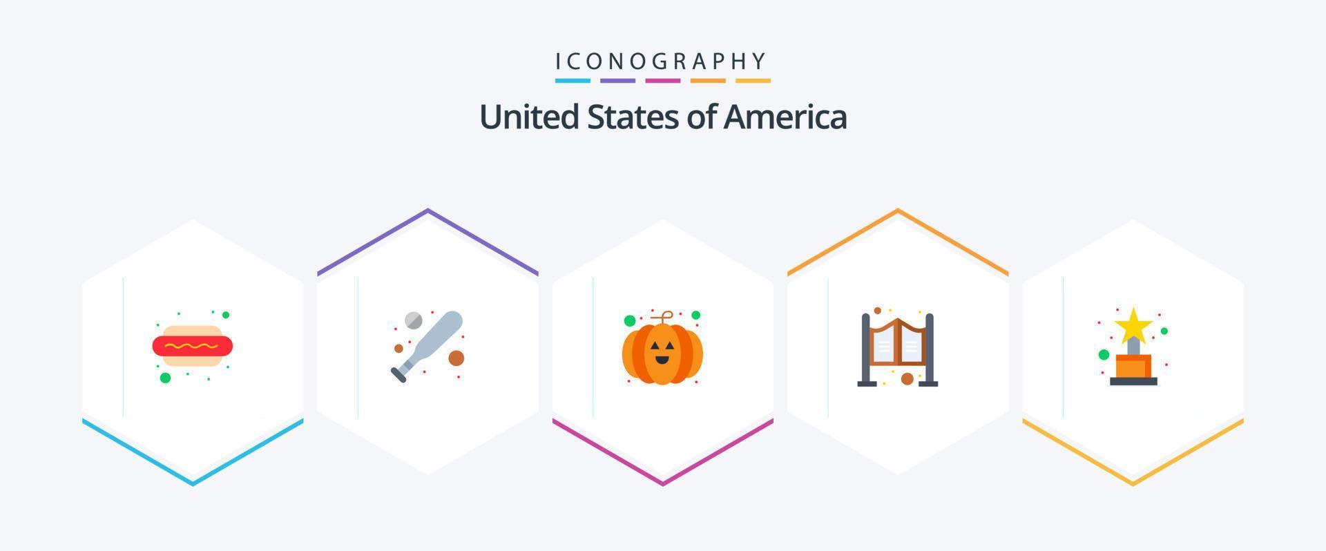 Pacote de ícones planos EUA 25, incluindo . prêmio. abóbora. realização. salão vetor