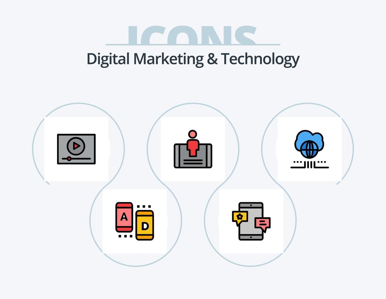 marketing digital e linha de tecnologia cheia de ícones pack 5 design de ícones. rede. mundo. marketing. árvore. novo vetor