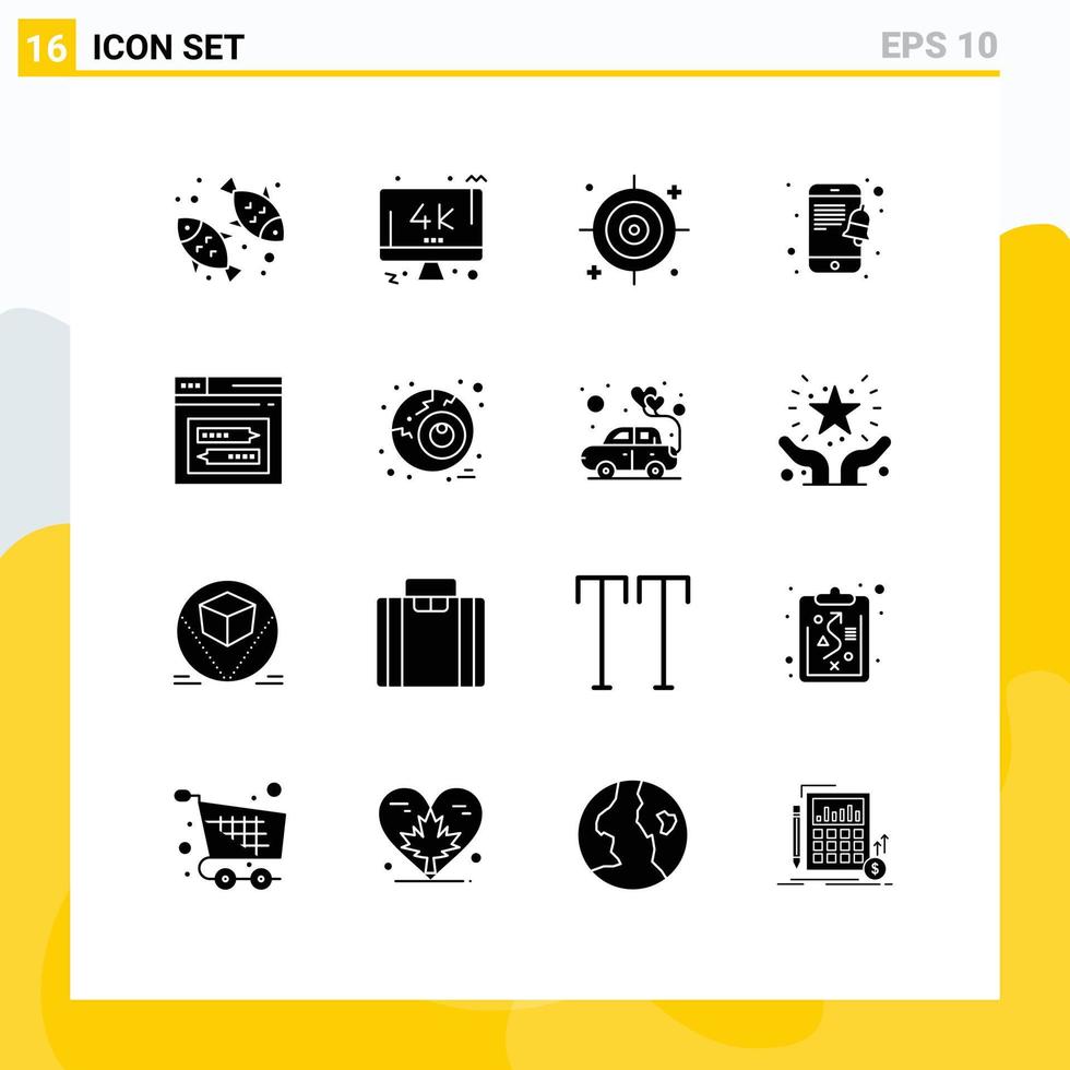 pacote de interface de usuário de 16 glifos sólidos básicos de elementos de design de vetores editáveis de notificação de negócios de página de site