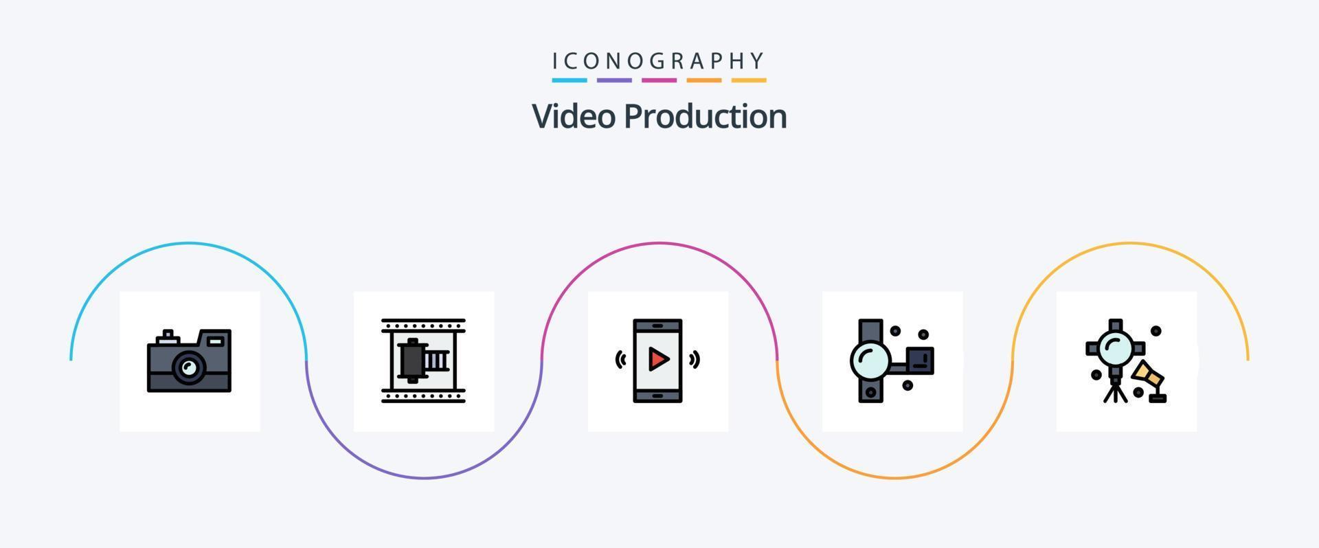 linha de produção de vídeo cheia de pacote de 5 ícones planos, incluindo câmera manual. filmadora. rolo de filme. volume. volume aberto vetor