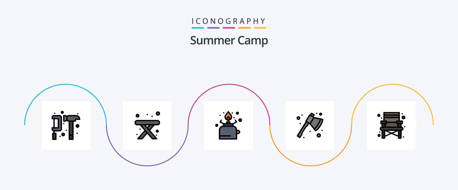 linha de acampamento de verão cheia de pacote de ícones de 5 planos, incluindo cadeira. acampamento. acampamento. Machado. piquenique vetor