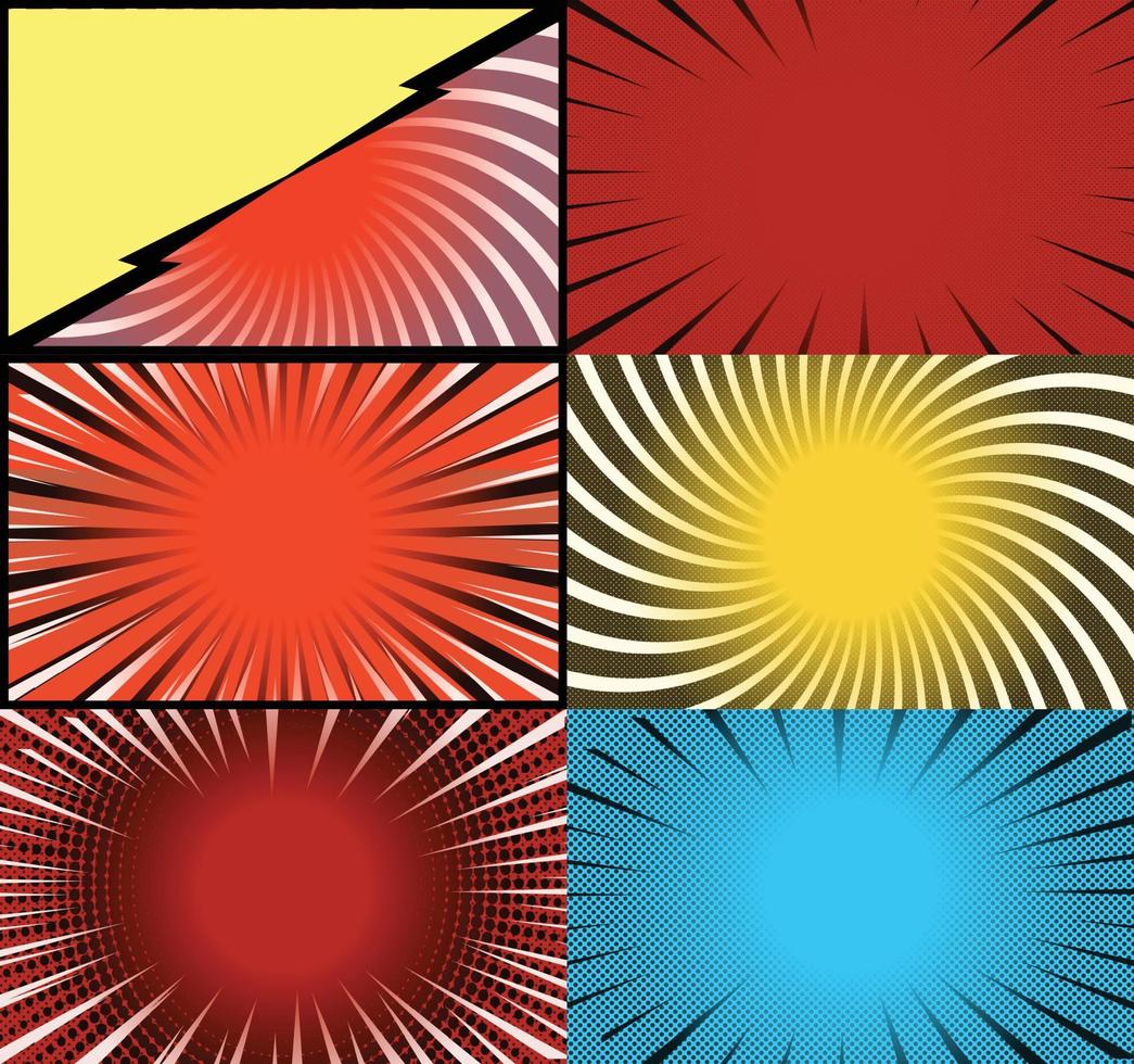 fundo de quadros coloridos de quadrinhos com raios de meio-tom radial e efeitos pontilhados estilo pop art vetor