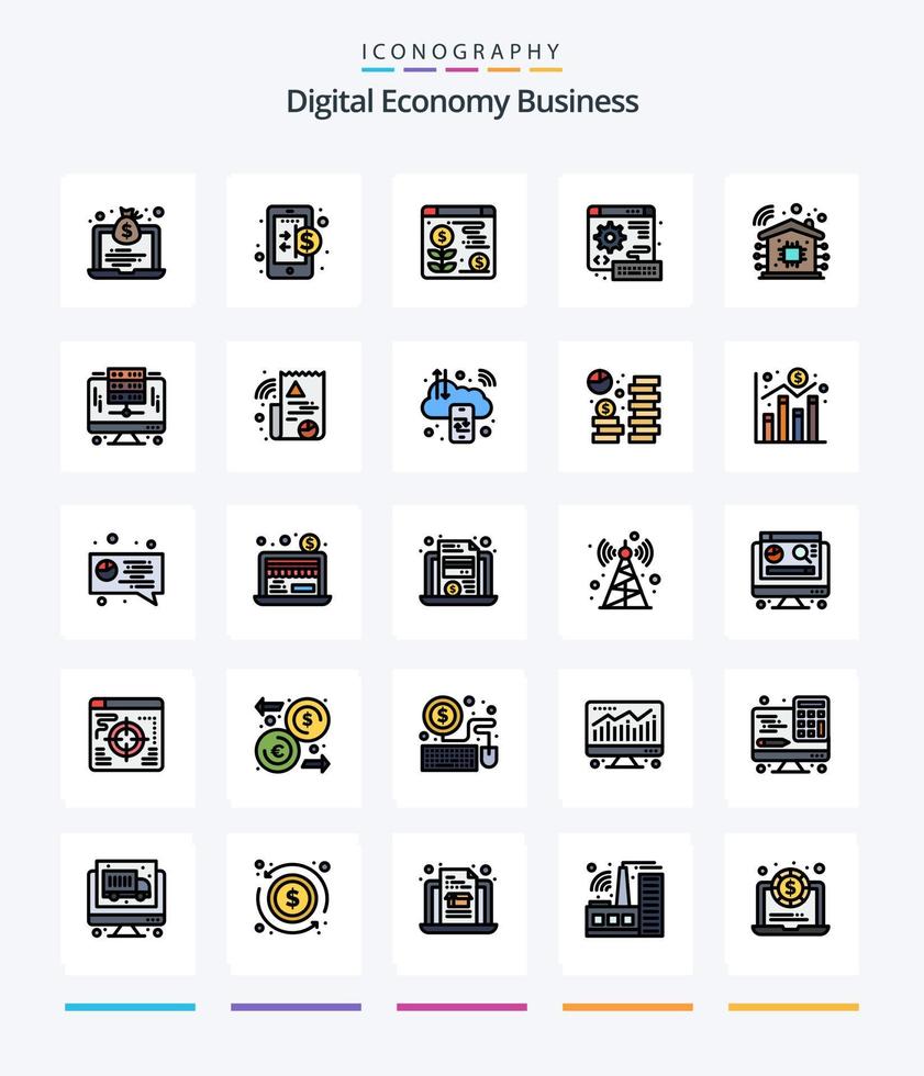 pacote de ícones cheios de 25 linhas de negócios de economia digital criativa, como tecnologia. inteligente. rede. engrenagem. rede vetor