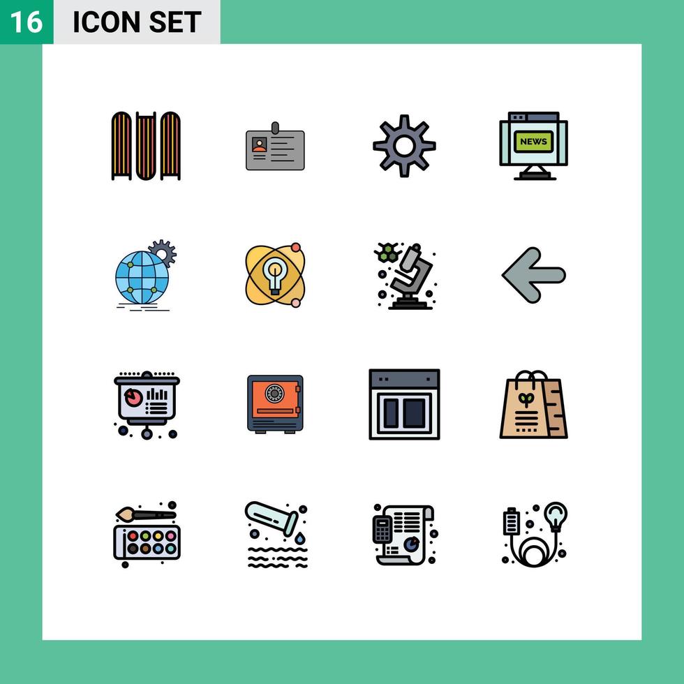 pacote de linha cheia de cor plana de 16 símbolos universais da roda de interface de identidade de jornal internacional elementos de design de vetores criativos editáveis