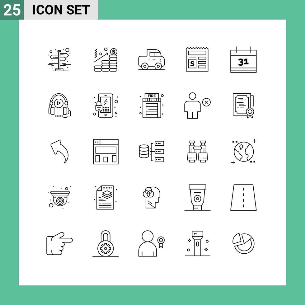 pacote de linha de 25 símbolos universais de elementos de design de vetores editáveis de banco de carros de calendário de eventos