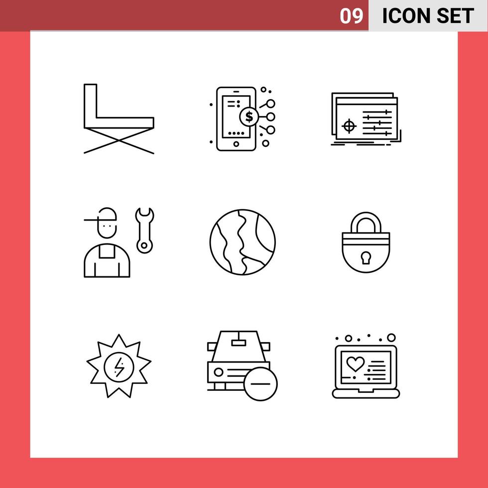 pacote de ícones vetoriais de estoque de sinais e símbolos de 9 linhas para reparar homem, compartilhar configurações de avatar, elementos de design de vetores editáveis