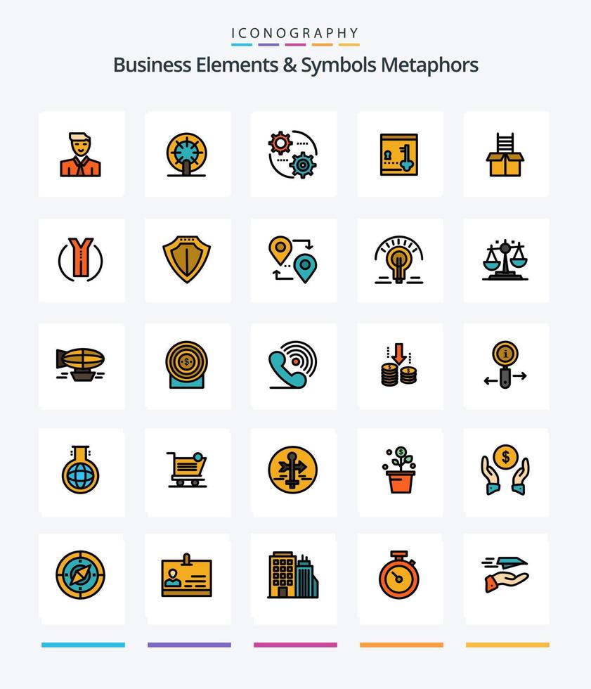 elementos de negócios criativos e metáforas de símbolos pacote de ícones preenchidos com 25 linhas, como caixa. trancar. barco. armário. configuração vetor
