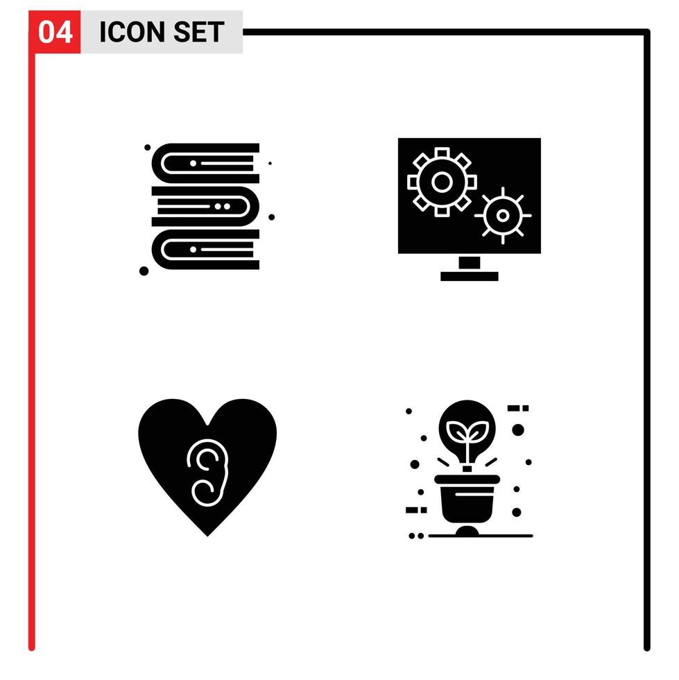 conjunto de 4 sinais de símbolos de ícones de interface do usuário modernos para livros coração configurar tela verde elementos de design de vetores editáveis