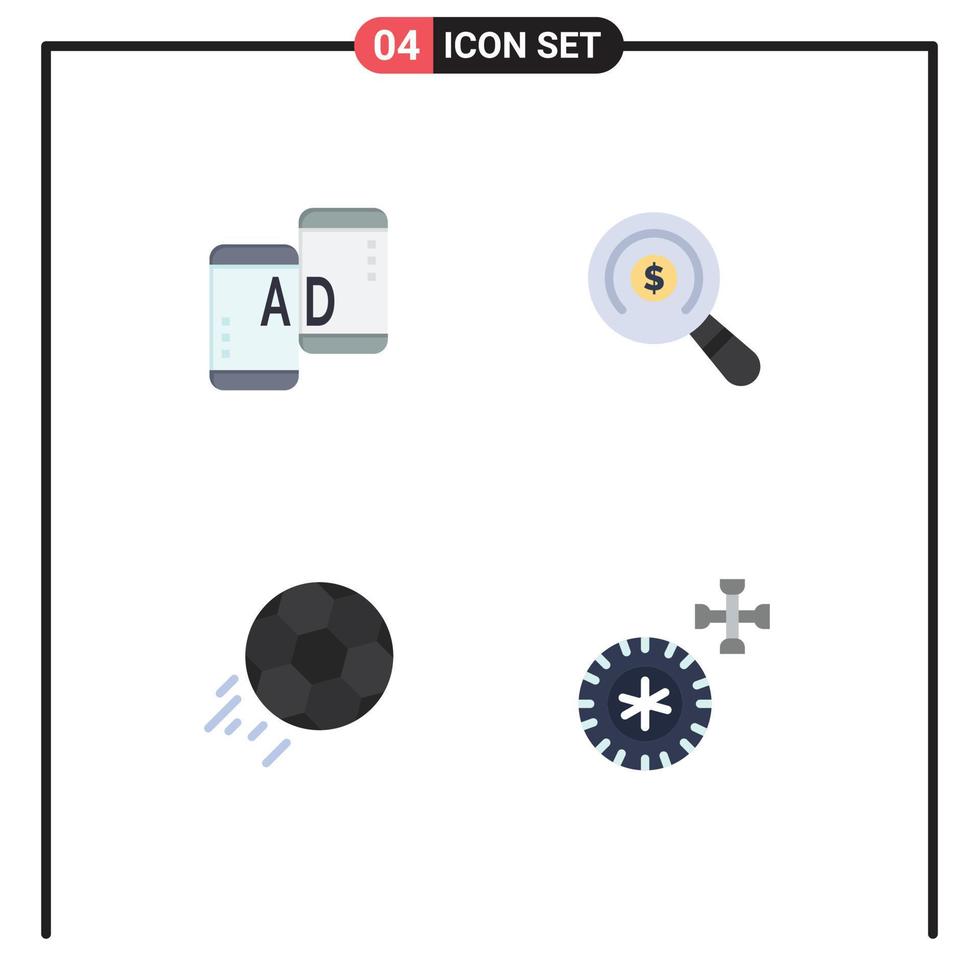 conjunto de 4 sinais de símbolos de ícones de interface do usuário modernos para publicidade de pesquisa de marketing de futebol chutar elementos de design de vetores editáveis