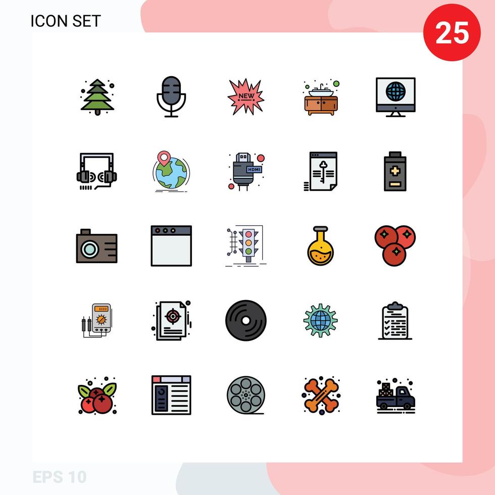 pacote de interface do usuário de 25 cores planas de linha preenchida básica de comunicação de notícias, pia de comércio eletrônico, banheiro, elementos de design de vetores editáveis