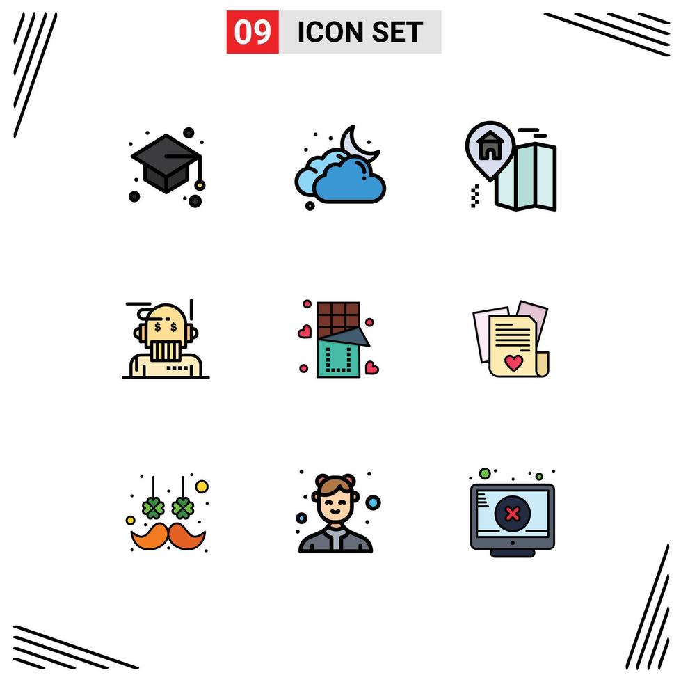 conjunto de cores planas de linha preenchida de interface móvel de 9 pictogramas de elementos de design de vetores editáveis de conselheiro de algoritmo doméstico de analista de amor