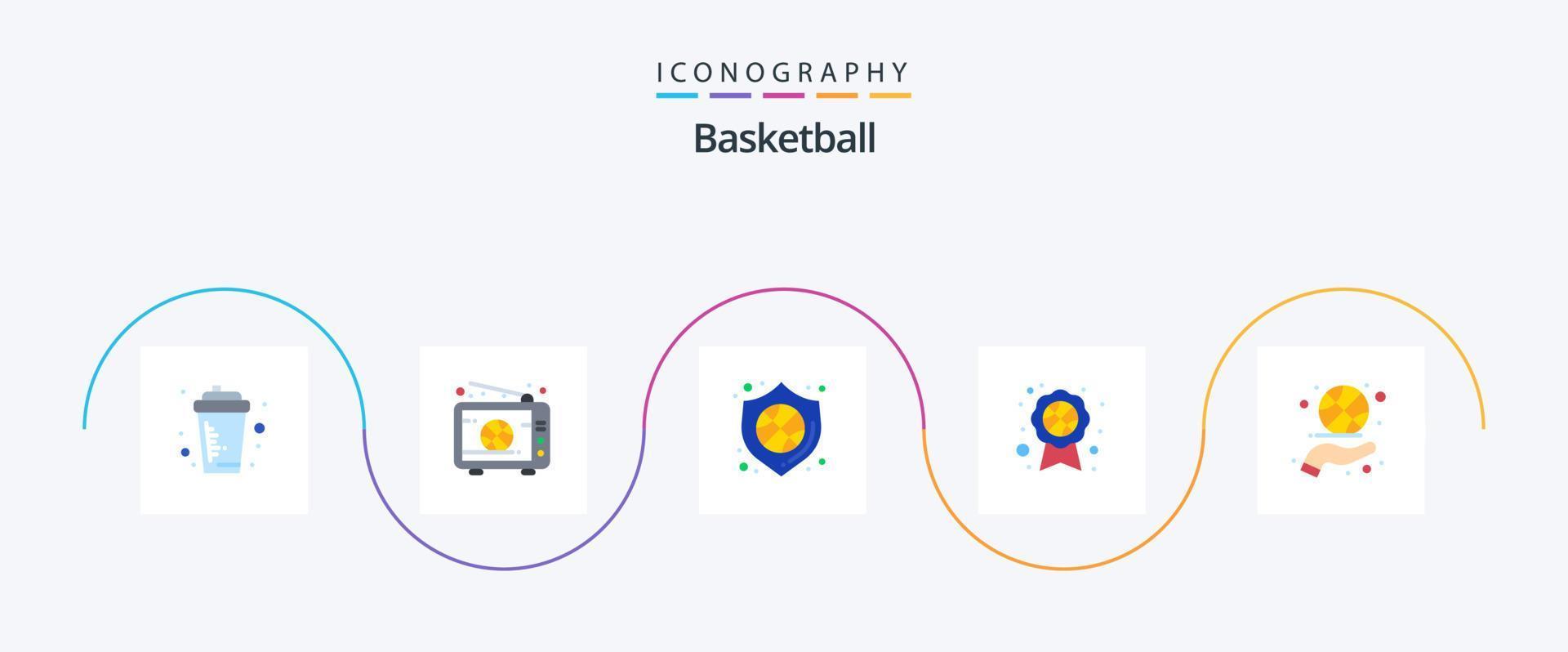 pacote de ícones de 5 planos de basquete, incluindo fiação de basquete. distintivo. partida. distintivo de prêmio. escudo vetor