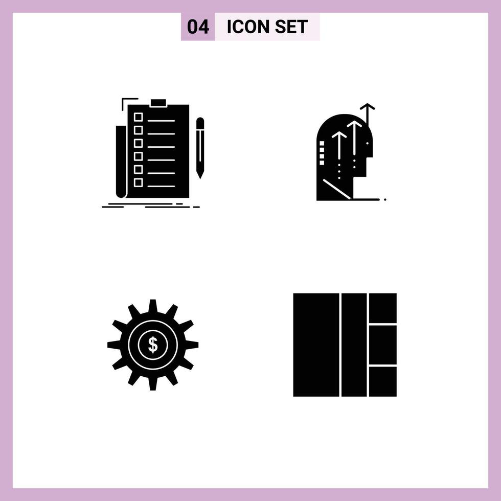 conjunto moderno de 4 glifos e símbolos sólidos, como elementos de design de vetores editáveis de configuração de crescimento de lista mental de experiência