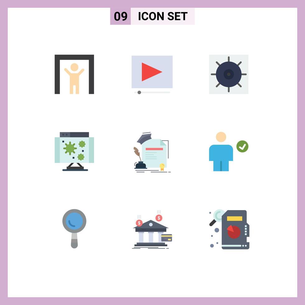 conjunto de cores planas de interface móvel de 9 pictogramas de preferências de educação de grau vírus editáveis elementos de design vetorial vetor