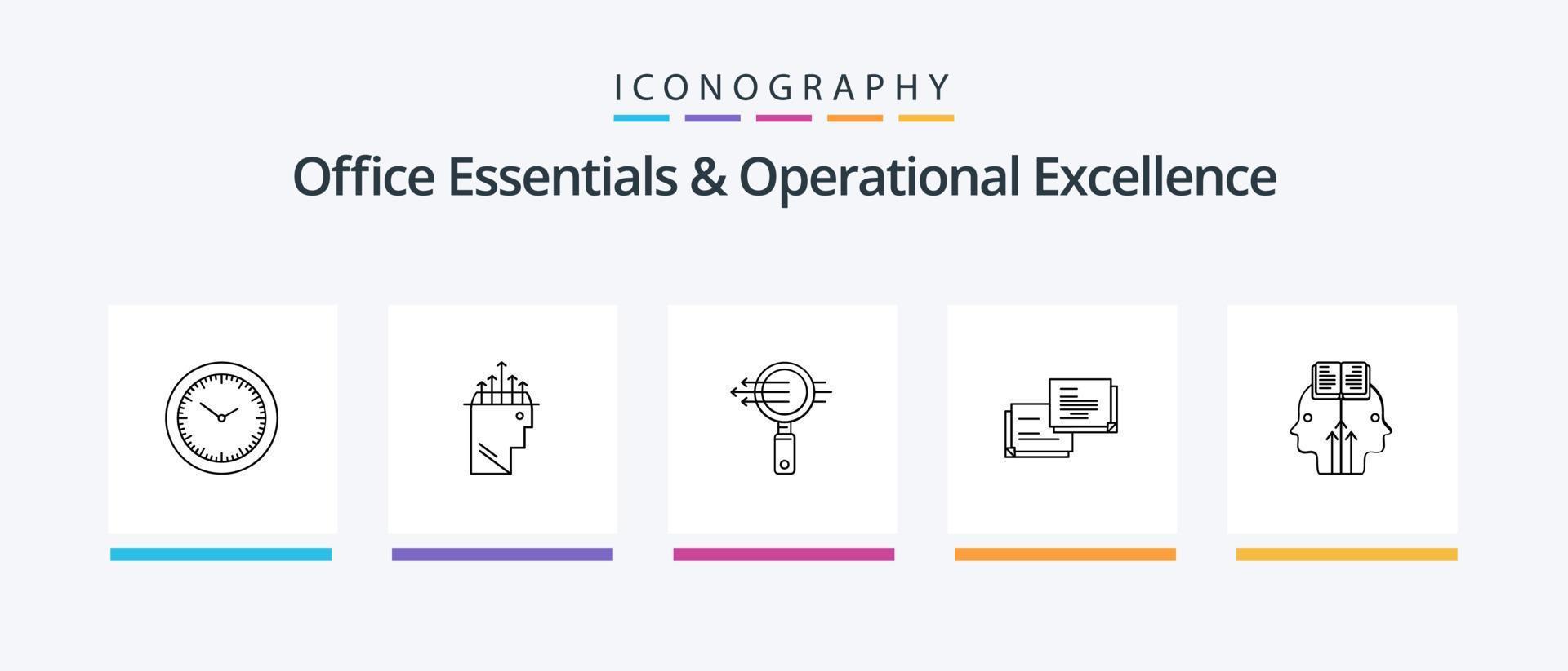 essencial do escritório e pacote de ícones da linha 5 de excelência operacional, incluindo usuário. gráfico. cérebro. torta. relatório. design de ícones criativos vetor