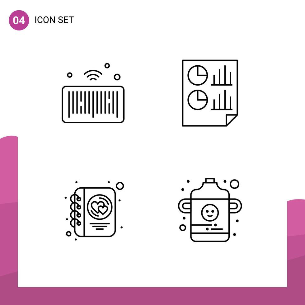 pacote de interface do usuário de 4 cores planas básicas de linhas preenchidas de coisas de diário de código de barras documentam elementos de design de vetores editáveis de amor