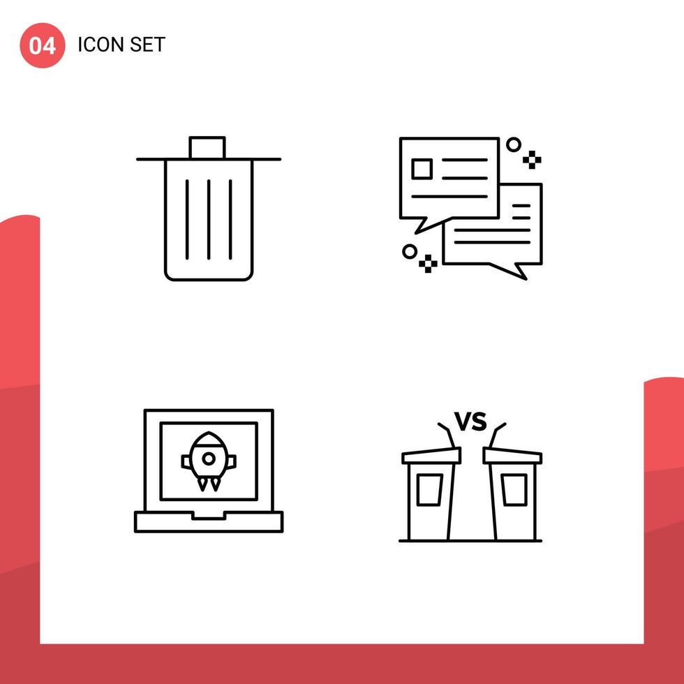 conjunto de pictogramas de 4 cores planas de linha preenchida simples de cesta de diálogo de lixo de laptop elementos de design de vetores editáveis