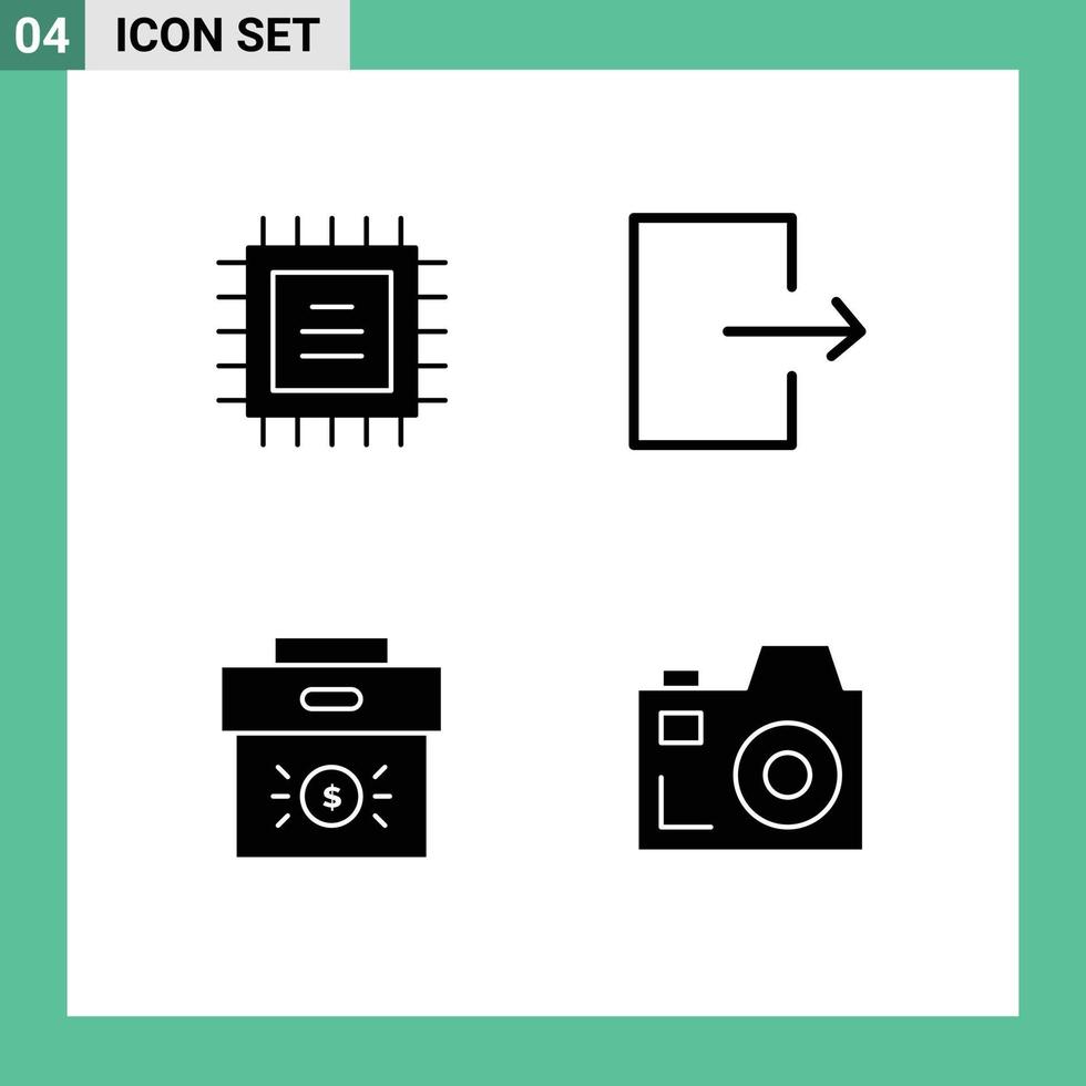 4 sinais de glifos sólidos universais símbolos de elementos de design de vetores editáveis de câmera de bolsa de seta de economia de chip