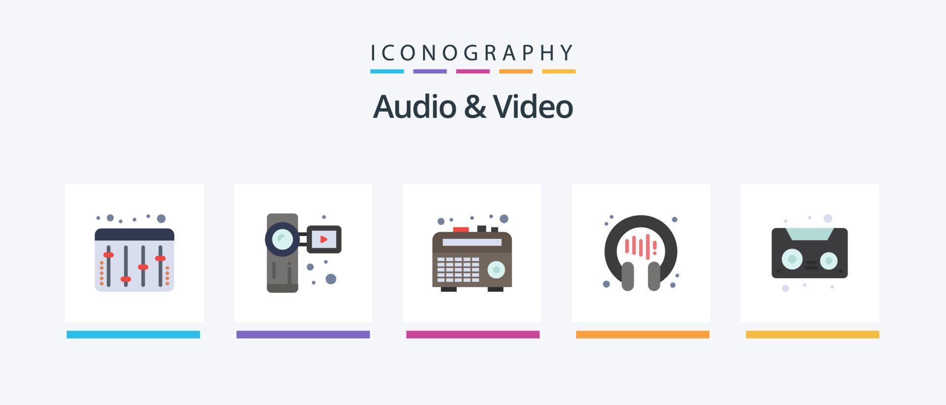 pacote de ícones de áudio e vídeo plano 5, incluindo . cassete. rádio. fita de audio. fone de ouvido. design de ícones criativos vetor