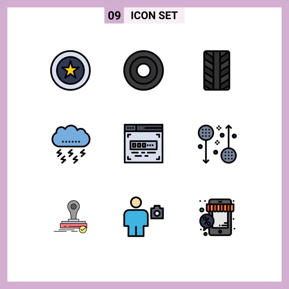 pacote de ícones vetoriais de estoque de 9 sinais e símbolos de linha para pneus de código de desenvolvimento front-end trovão relâmpago elementos de design vetorial editáveis vetor