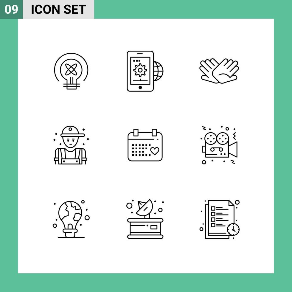 conjunto de 9 sinais de símbolos de ícones de interface do usuário modernos para homem de configuração de mecânico de encanador ajudando elementos de design de vetores editáveis