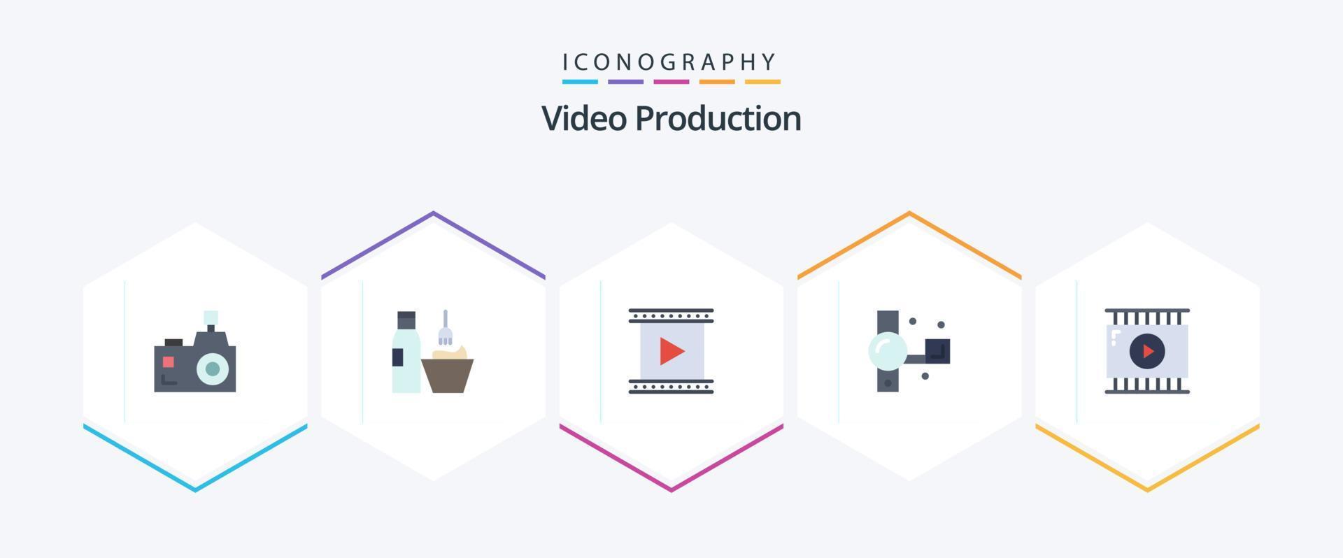 produção de vídeo 25 pacotes de ícones planos, incluindo câmera manual. filmadora. inventar. Produção. filme vetor