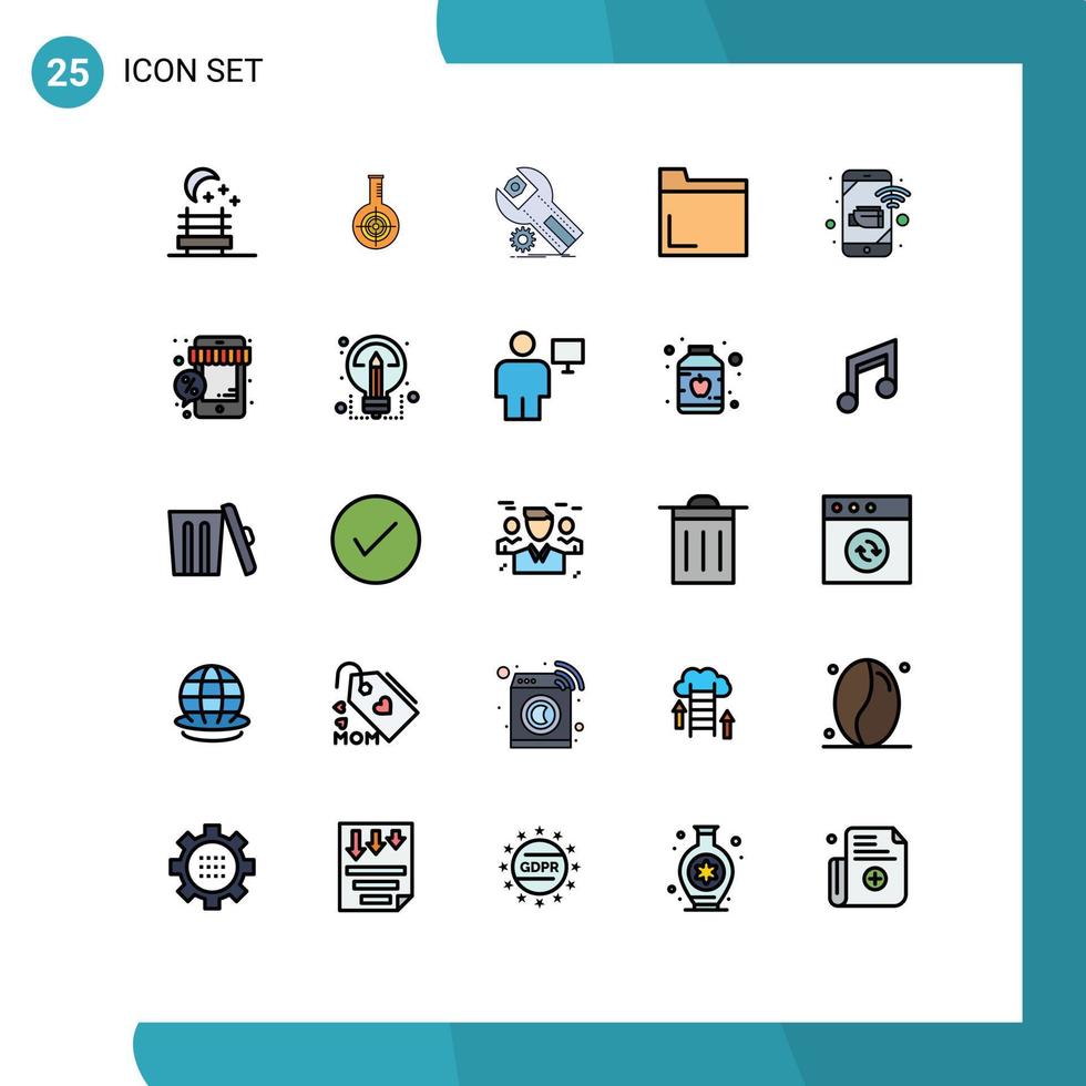 Pacote de cores planas de linha cheia de 25 interfaces de usuário de sinais e símbolos modernos de monitoramento de arquivos multimídia de aplicativos de cctv elementos de design de vetores editáveis
