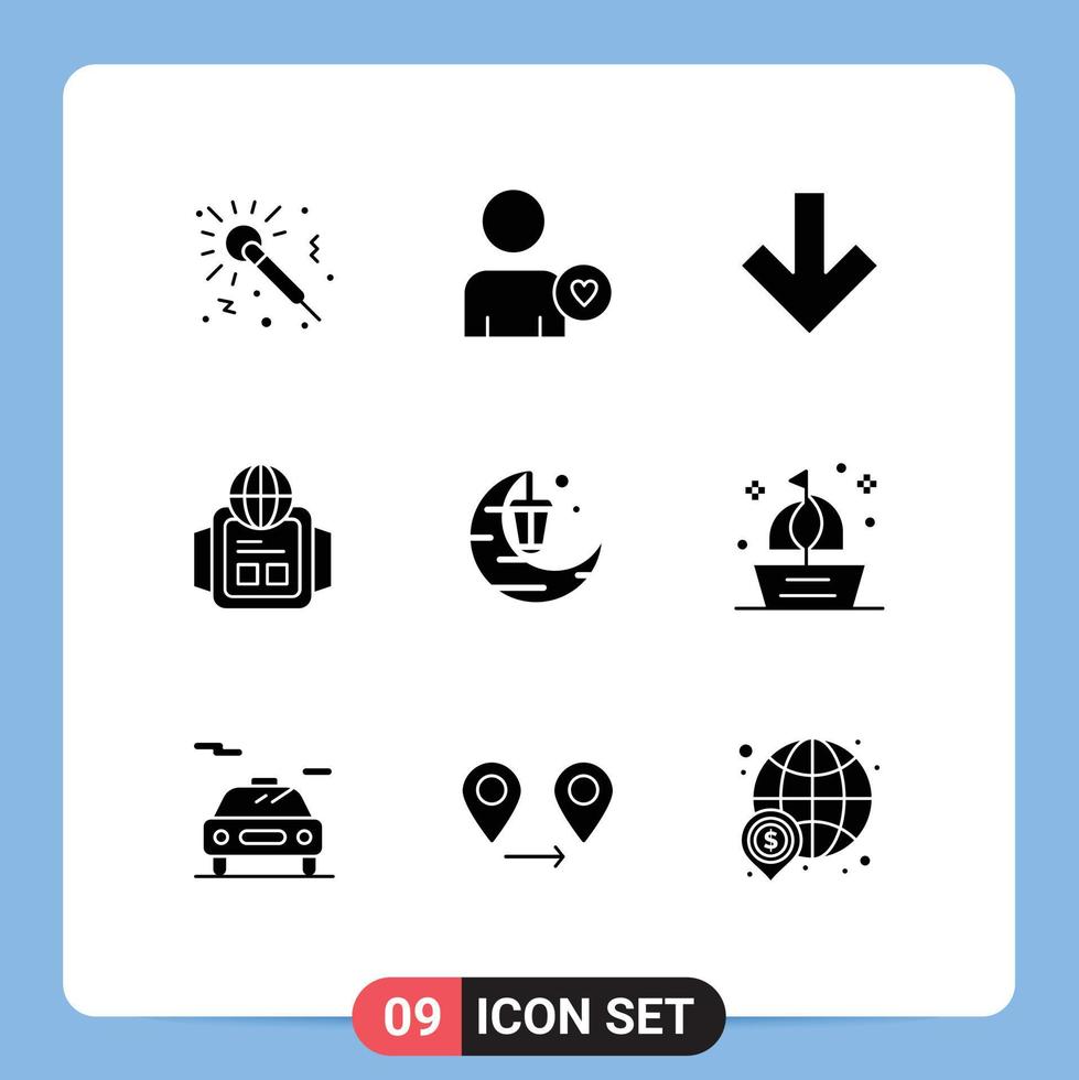 conjunto moderno de 9 glifos e símbolos sólidos, como elementos de design de vetores editáveis do festival de barcos para baixo