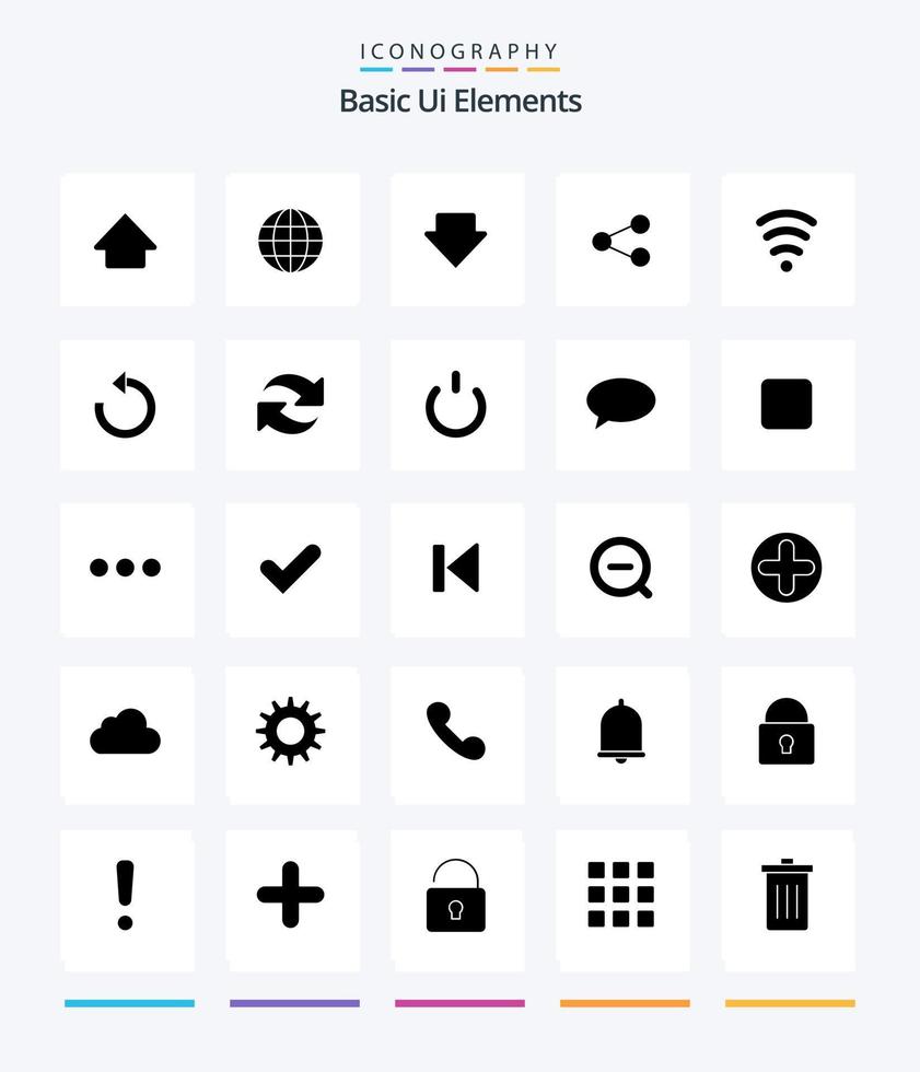 elementos criativos básicos da interface do usuário 25 pacotes de ícones preto sólido glifo, como atualização. serviços. baixa. Wi-fi. social vetor