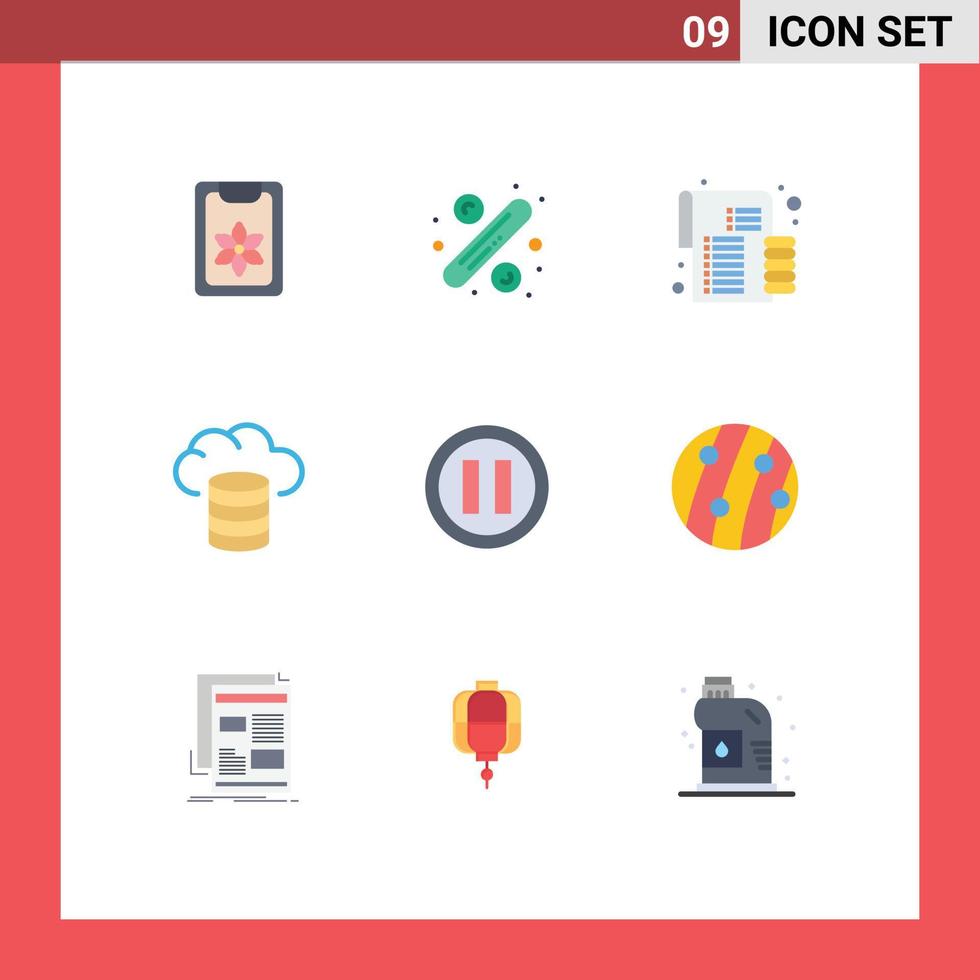 conjunto moderno de pictograma de 9 cores planas de orçamento de mídia de pausa hospedando elementos de design de vetores editáveis de backup