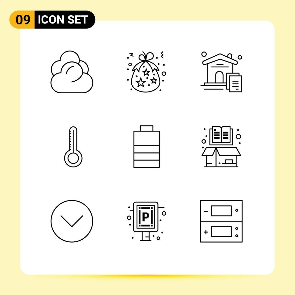 pacote de 9 sinais e símbolos de contornos modernos para mídia impressa na web, como termômetro de feriados climáticos elétricos, elementos de design de vetores editáveis de imóveis