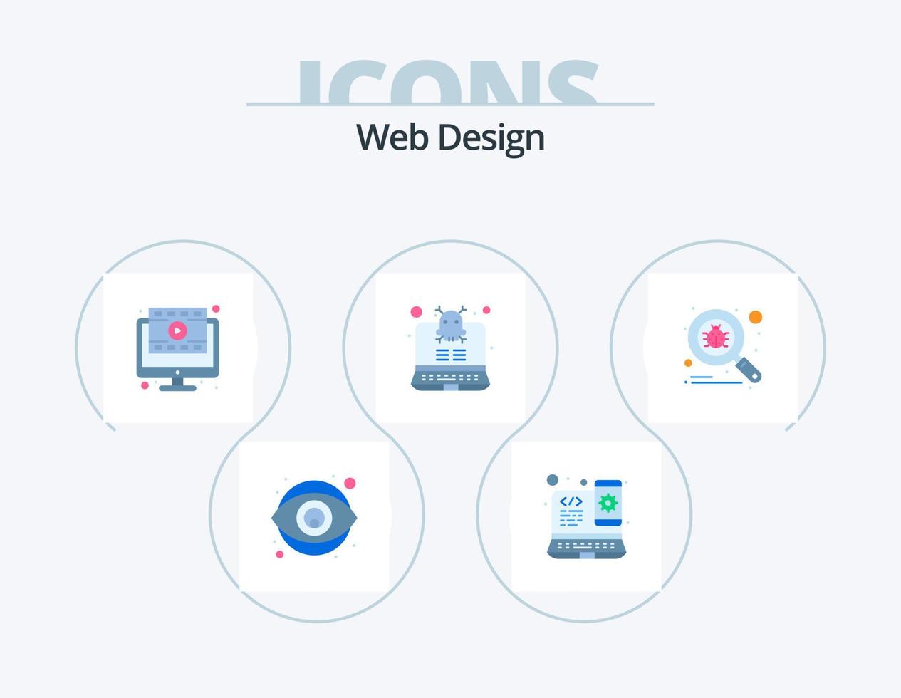 design de ícones planos do pacote de 5 ícones de web design. procurar. erro. navegador. vírus. computador vetor