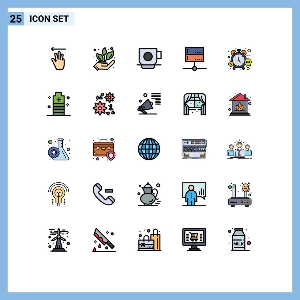 Pacote de cores planas de linha cheia de 25 interfaces de usuário de sinais e símbolos modernos de dispositivos de negócios de servidor de gerenciamento admin elementos de design de vetores editáveis
