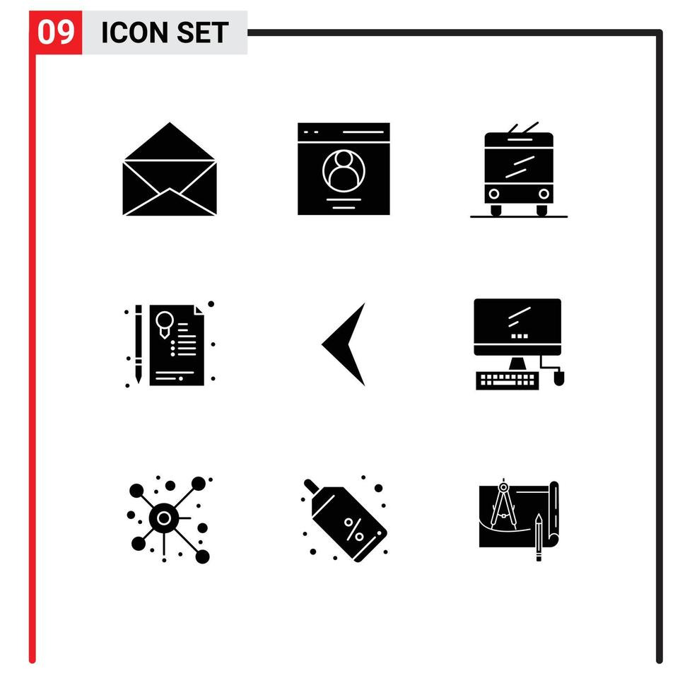 9 glifos sólidos universais definidos para aplicativos da web e móveis, carrinho de volta do computador, sinal de seta, elementos de design de vetores editáveis
