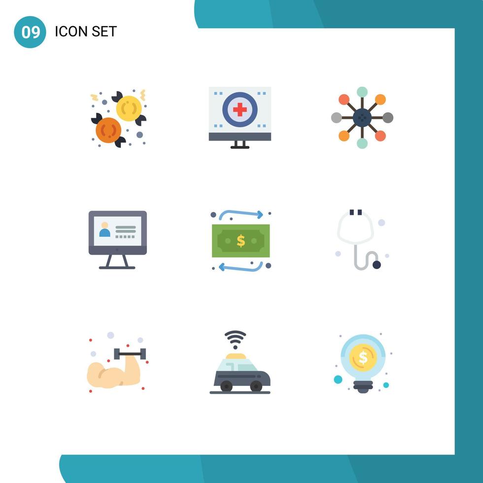 pacote de cores planas de 9 símbolos universais de monitor de segurança de compras elementos de design de vetores editáveis de química da internet