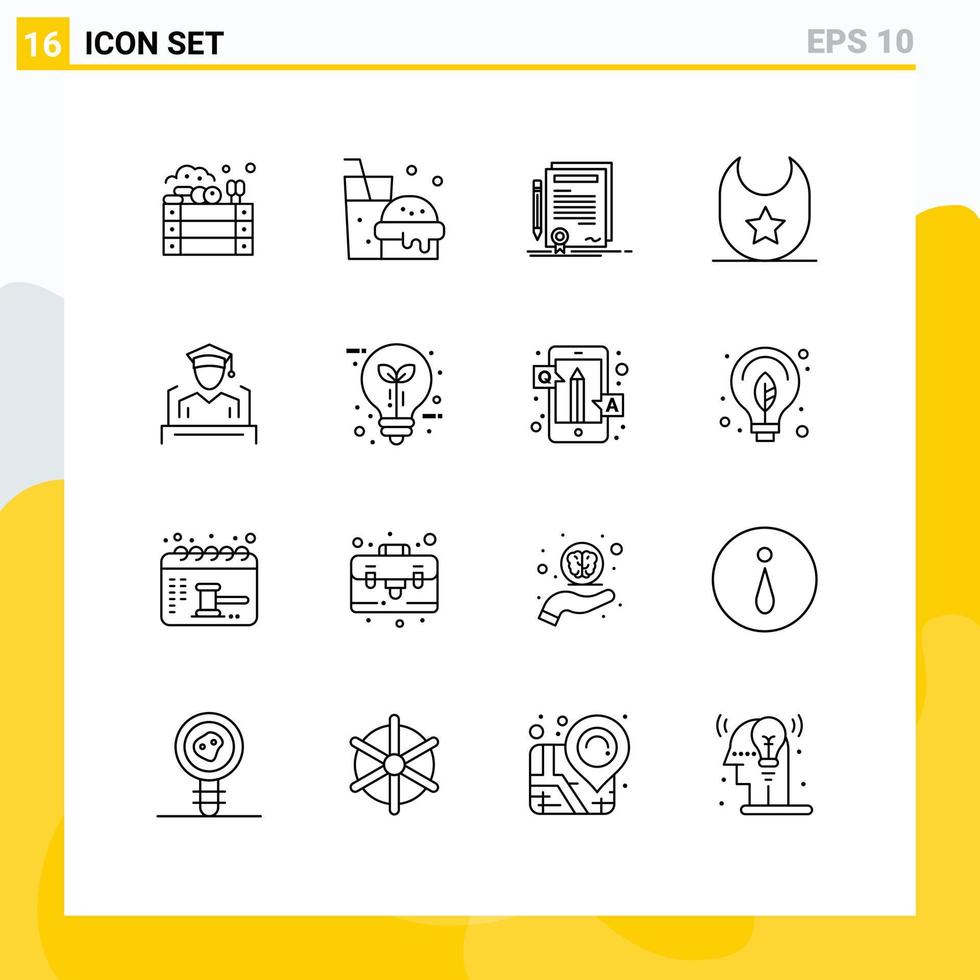 pacote de interface do usuário de 16 contornos básicos de roupas de certificado de boné de formatura, elementos de design de vetores editáveis para bebês